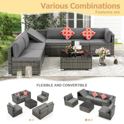 7 Piece Patio Furniture Set with Adjustable Bracket All-Weather Wicker Conversation Set with Coffee Table for Porch Garden Backyard (Gray)