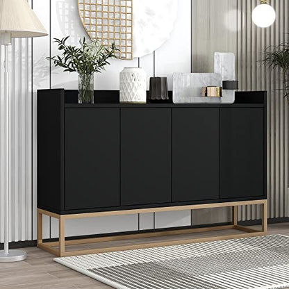 LUMISOL Modern Sideboard Storage Cabinet with Doors and Adjustable Shelves Wooden Kitchen Sideboard Buffet Cabinet with Metal Base and Fence Tabletop, Black