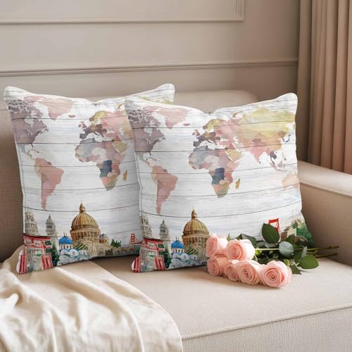 World Map Waterproof Outdoor Pillow Covers Set of 2 Home Decor, Famous Building Tourism Bridge Wood Grain Pillowcase Patio Pillow Covers for Couch Bench Patio Furniture Garden 24x24in