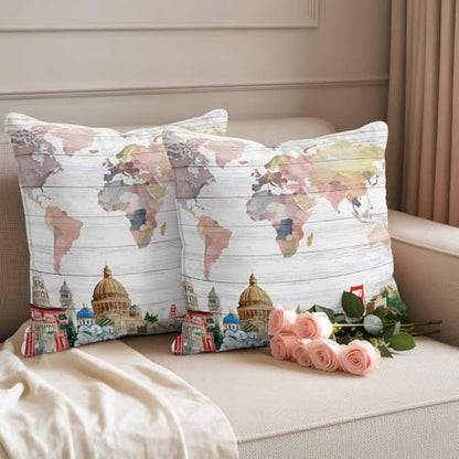 World Map Waterproof Outdoor Pillow Covers Set of 2 Home Decor, Famous Building Tourism Bridge Wood Grain Pillowcase Patio Pillow Covers for Couch Bench Patio Furniture Garden 24x24in