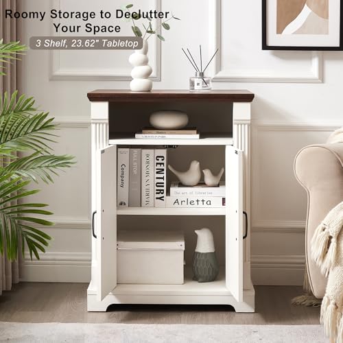 24" Farmhouse Storage Cabinet with Barn Doors, Antique White Freestanding Sideboard Buffet with Adjustable Shelf, Pantry Hutch Coffee Bar for Kitchen Bathroom Living Room - Small Floor Cabinet
