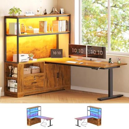56.7" L Shaped Standing Desk, Reversible Computer Office Desk with Drawers & Hutch, Stand Up Corner Gaming Desks with LED Lights & Power Outlets for Home Office, Rustic Brown