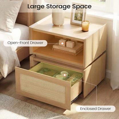 Rattan Nightstand with Wicker Decorated Drawer, Natural Rattan Night Stand with Open Compartment, Modular Stackable Side Table, Boho Bedside Table, End Side Table for Bedroom