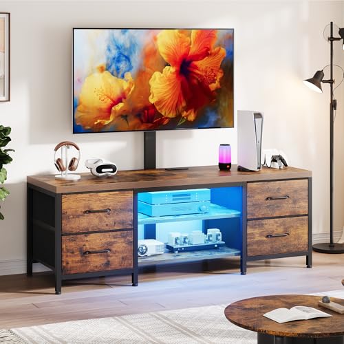 TV Stand with Mount for 75 Inch TV, Media Console Table, 59 Inch | Industrial Entertainment Center for Living Room, with LED Light and Power Outlets, Drawers, Open Shelves, Steel, Rustic Brown