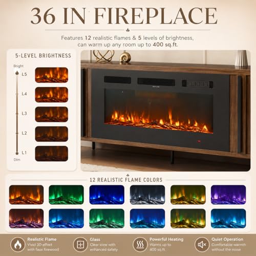 Luxury Fluted TV Stand with Fireplace, 70 inch, Brown, view 6