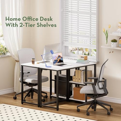 40 Inch Small Computer Desk with Shelves for Small Spaces, Easy Assembly Study Desk, Sturdy Writing Desk for Bedroom & Home Office, Cream White