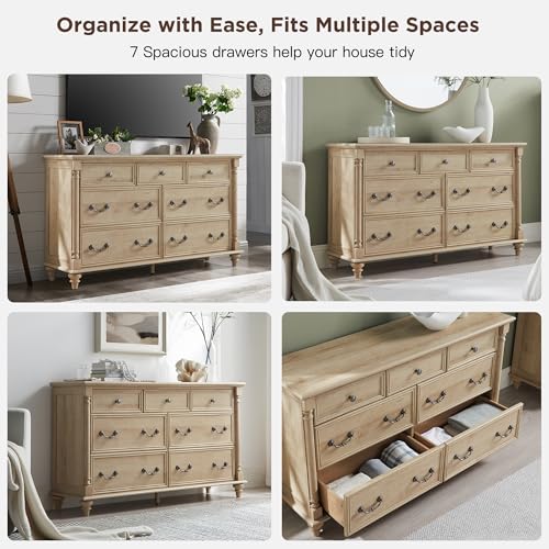 Farmhouse 7-Drawer Dresser with Solid Wood Feet, Natural Oak, view 5
