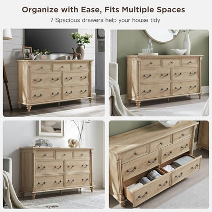 Farmhouse 7-Drawer Dresser with Solid Wood Feet, Natural Oak, view 5