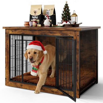 Wooden Dog Crate Furniture with Thick Cushion, Indoor Side Table Dog Kennel, view 2