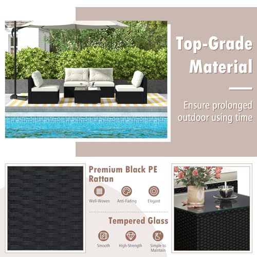 5-Piece Outdoor Patio Furniture Set, Rattan Sectional Sofa Set w/Glass-Top Coffee Table, Soft Seat & Back Cushions, Bistro Set for Garden Backyard Porch, Wicker Conversation Set (Off White)