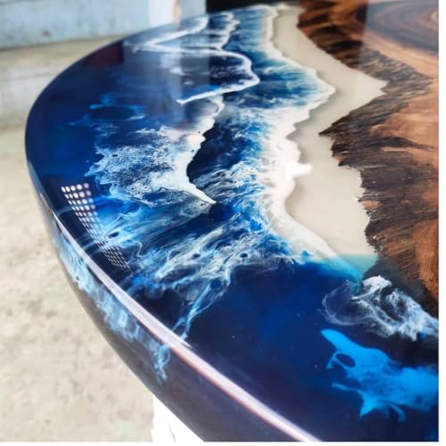 RESINHOMEFURNITURE Stunning Ocean-Inspired Resin Epoxy Table with Natural Wood Grain—Handcrafted Round Live Edge Table Deep Blue Waves and Coastal Charm (Without Stand, 18 x 18 Inches)
