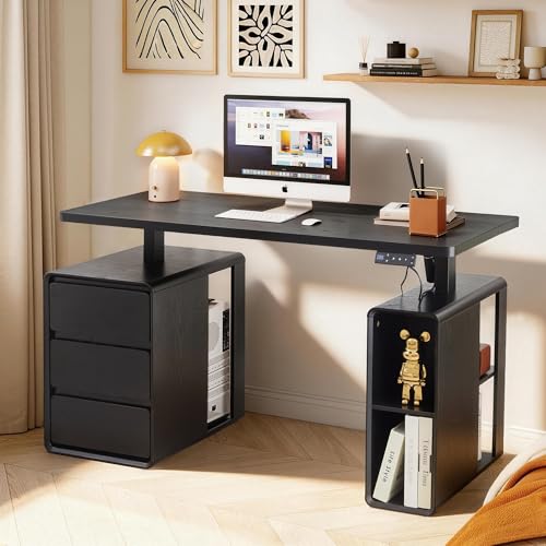 Farmhouse Electric Standing Desk, 55" Height Adjustable Computer Stand up Desk with 3 Drawers and Storage Shelf, Mid Century Modern Home Office Desk Wood Sit Stand Desks for Work, Study, Black