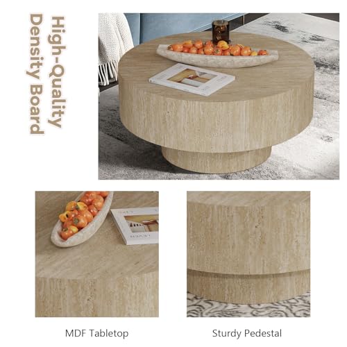 Travertine Coffee Table, Round Coffee Table Farmhouse Small Circle Wood Center Tables Mid Century Modern Low Circular Tea Tables for Living Room Apartment Easy Assemble,Round