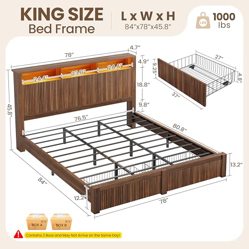 King Size Bed Frame and Headboard& 2 Storage Drawers, Walnut, view 3