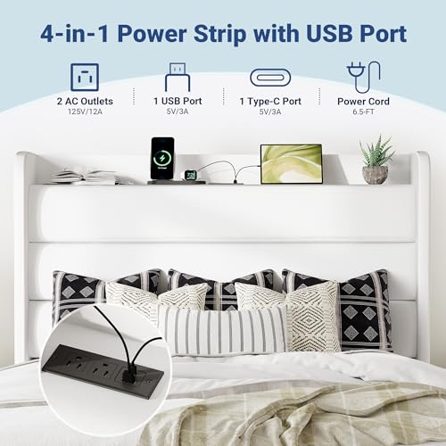 Queen Size Upholstered Bed Frame with Charging Station, White, view 6