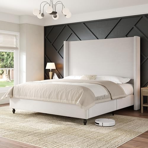 Queen Upholstered Bed Frame with 63" Headboard & Wingback, Cream, view 2