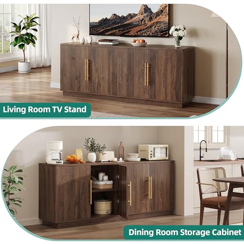 70" TV Stand for up to 80" TVs with 4 Fluted Doors, Natural Oak, view 6