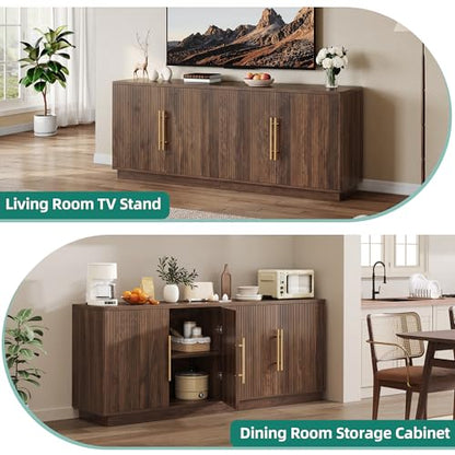 70" TV Stand for up to 80" TVs with 4 Fluted Doors, Natural Oak, view 6