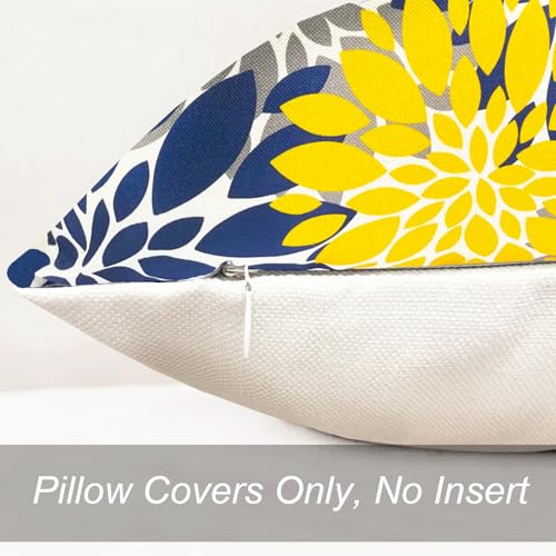 Decorative Throw Pillow Covers Set of 2 Blue Yellow Pillow Covers 18x18 Inch Couch Pillow Covers for Sofa Living Room Outdoor Throw Pillow Cover Linen Floral Flower Farmhouse Pillowcase