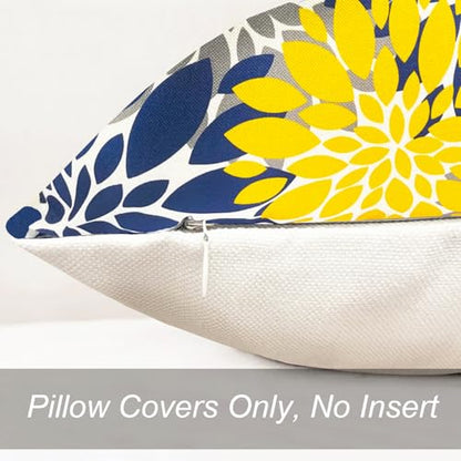 Decorative Throw Pillow Covers Set of 2 Blue Yellow Pillow Covers 18x18 Inch Couch Pillow Covers for Sofa Living Room Outdoor Throw Pillow Cover Linen Floral Flower Farmhouse Pillowcase