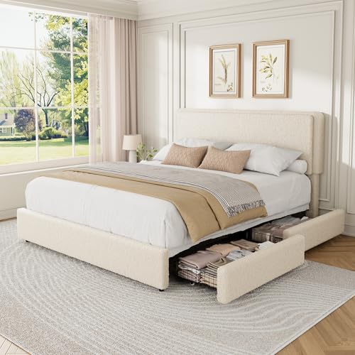 Queen Size Bed Frame with 2 Storage Drawer, Cream Beige, view 4