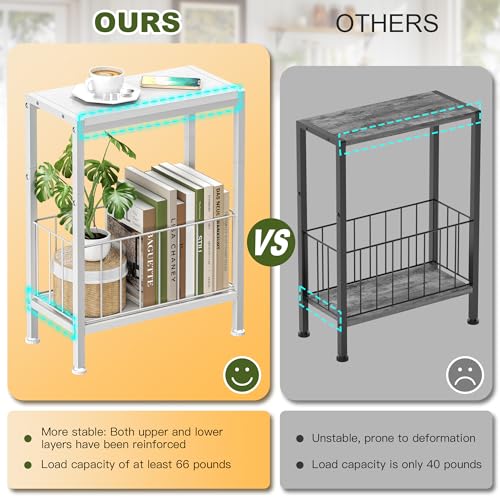 Narrow Side Table, Skinny End Tables with Magazine Holder, Small Sofa Table for Small Spaces, Space-Saving Design, Slim Nightstand Bedside Table for Living Room, Bedroom, Office, White