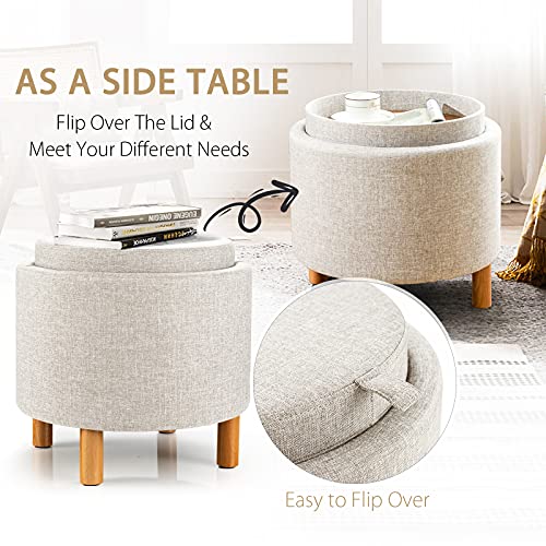Round Storage Ottoman with Tray Lid, Accent Storage Footstool w/Soft Padding, Fabric Sitting Stool w/Solid Wood Legs & Non-Slip Pads, Tray Top Coffee Table for Living Room, Bedroom (Beige)