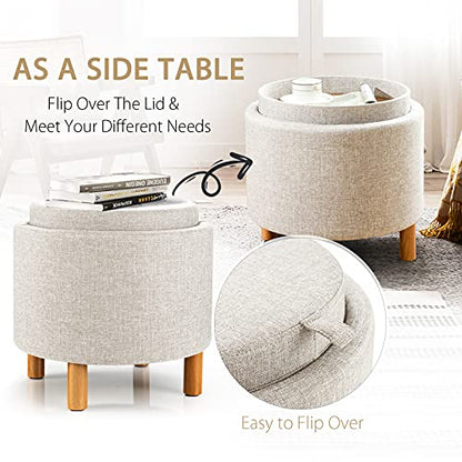 Round Storage Ottoman with Tray Lid, Accent Storage Footstool w/Soft Padding, Fabric Sitting Stool w/Solid Wood Legs & Non-Slip Pads, Tray Top Coffee Table for Living Room, Bedroom (Beige)