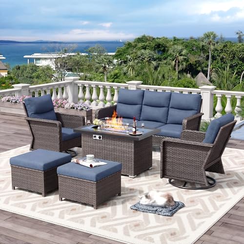 7 Seats Outdoor Patio Furniture Set with 44" Gas Fire Pit Table, Wicker Swivel Rocking Chairs Conversation Sets with Cushion, High Back Sectional Sofa with Gilder Chair for Yard Garden Porch, Blue