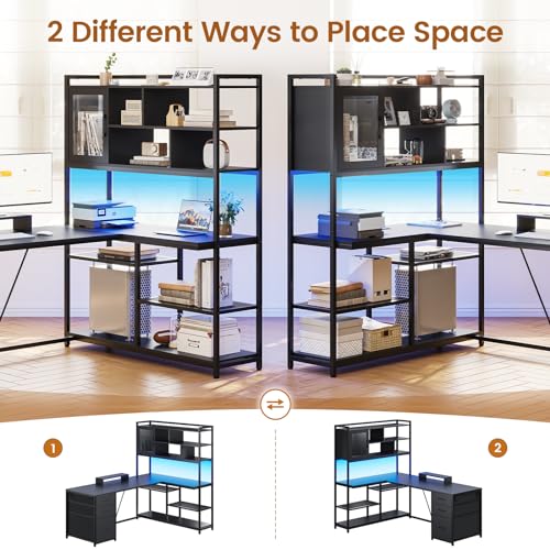 L Shaped Computer Desk, 58'' Office Desk with 3 Drawers and Bookshelf, L Shaped Corner Desk with Storage Shelves and LED Light for Home Office, Gaming Desk, L Desk, Black