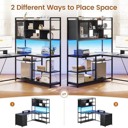 L Shaped Computer Desk, 58'' Office Desk with 3 Drawers and Bookshelf, L Shaped Corner Desk with Storage Shelves and LED Light for Home Office, Gaming Desk, L Desk, Black