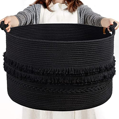 Large Blanket Basket Living Room, Laundry Basket With Tassel, 90L | Woven Storage Basket for Toys, Clothes & Pillows Storage，Bedroom Nursery Décor, Laundry Hamper With Handles, Black