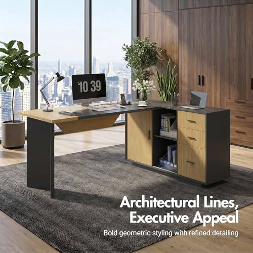 74.4" L-Shaped Executive Desk, Large Office Desk, Black + Light Wood, view 5