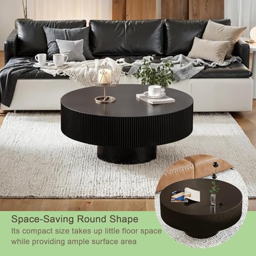 30.9” Black Fluted Drum Table-Round Wood Coffee Table | Low Profile Circle Accent Table for Small Space, Living Room