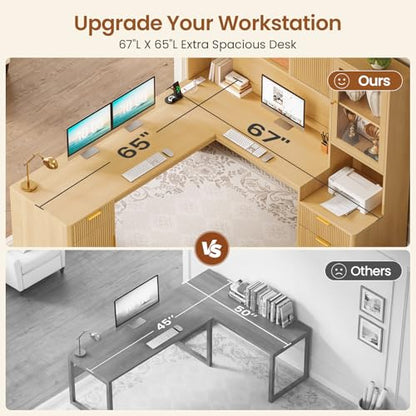 67" x 65" L Shaped Desk with Hutch, RGB LED Corner Computer Desk with Power Outlets, Fluted Home Office Desk with File Drawer, Storage Cabinet & Glass Display Cabinet for Gaming & Working, Oak