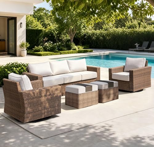 Swivel Glider 5 Piece Outdoor Furniture Set with Swivel Chairs, Wicker Patio Furniture with 4.92" Wide Armrest, 26.3" Deep Seating and 5.5" Thick Cushions, Grey