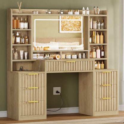 Fluted Large Vanity Desk with Mirror and Lights, Power Outlet, view 4