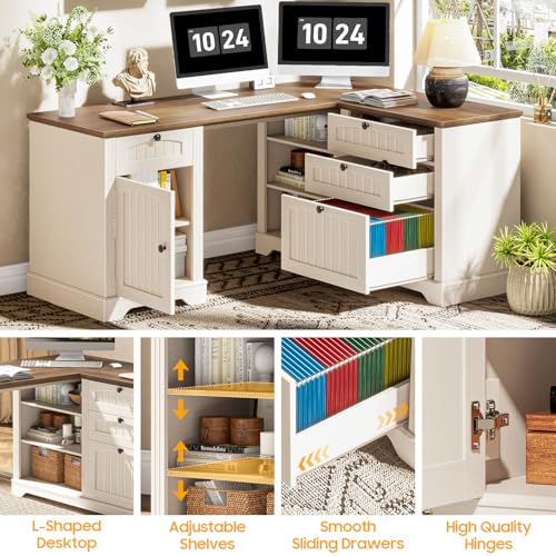 Farmhouse L Shaped Desk with Drawers, Corner Computer Desk for Home Office, view 8