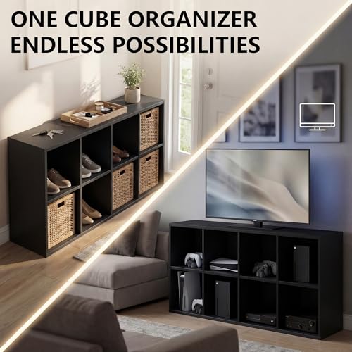 Modern TV Stand for Televisions up to 55 Inch, Mid Century Entertainment Center with 8 Open Shelves for 32/43/50/55 Inchs TVs, Media Console with Adjustable Shelves for Living Room, Black