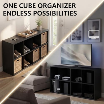 Modern TV Stand for Televisions up to 55 Inch, Mid Century Entertainment Center with 8 Open Shelves for 32/43/50/55 Inchs TVs, Media Console with Adjustable Shelves for Living Room, Black