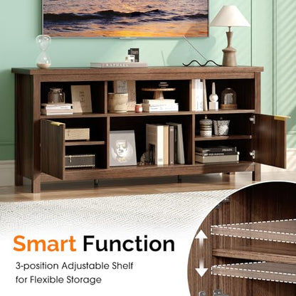 58" Fluted TV Stand for TVs up to 70", Modern TV Stand with Storage & Adjustable Shelves, Elegant Media Console Entertainment Center for Living Room & Bedroom, Walnut