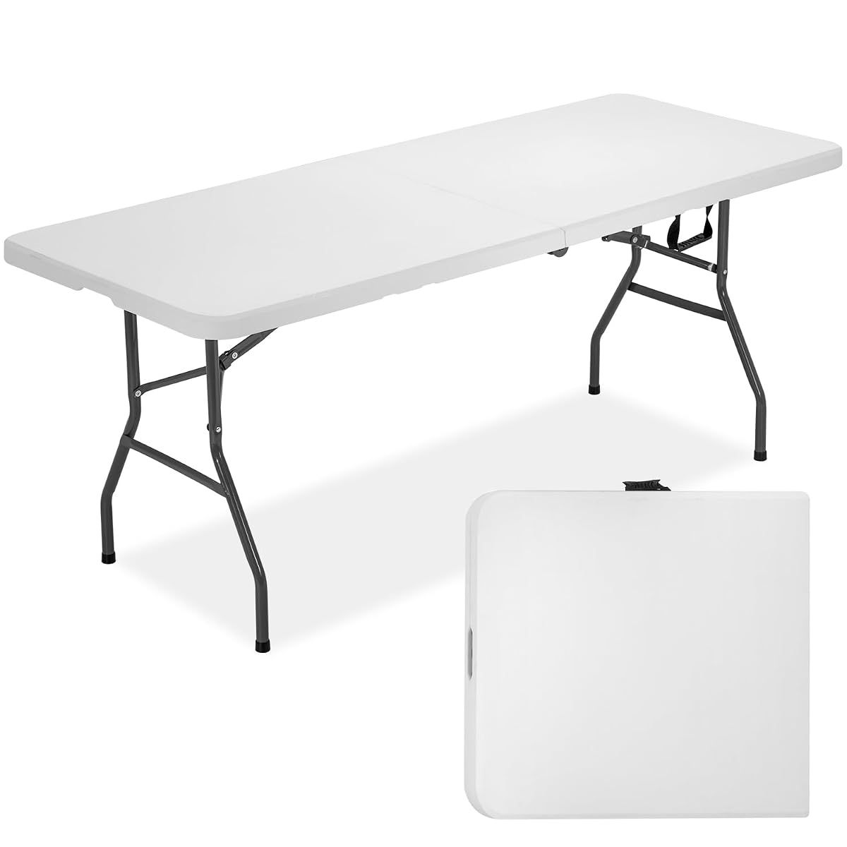 6 Foot Outdoor Dining Table, Foldable Portable Rectangular Plastic Folding Table with Built in Carrying Handle for Party and Wedding Use, White