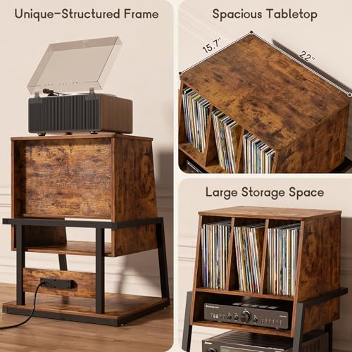 Record Player Stand with Power Outlet, Rustic Brown, view 5