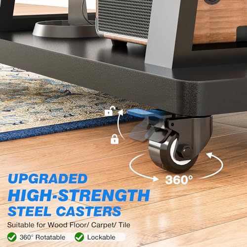Mobile TV Cart Rolling TV Stand for 37-75 inch TVs Up to 150lbs, Heavy-Duty Portable TV Stand on Wheels with 2-Tier Wooden Storage Shelves, Height Adjustable, Max VESA 600x400mm, Black