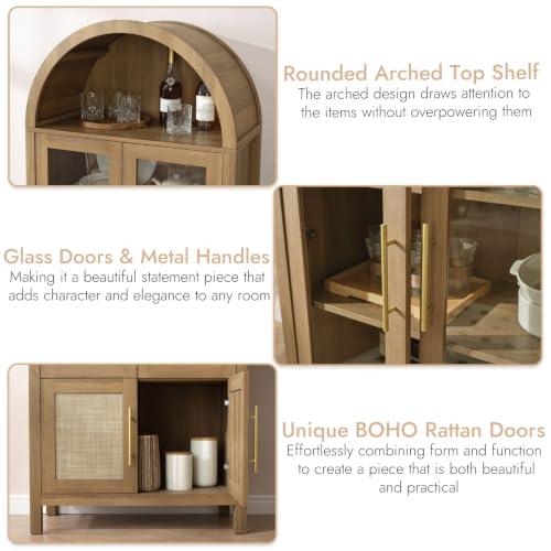 71" Tall Arched Display Cabinet with Glass Doors, 5-Tier Bookshelf, view 7