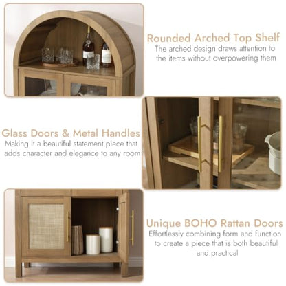 71" Tall Arched Display Cabinet with Glass Doors, 5-Tier Bookshelf, view 7