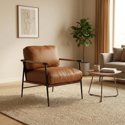 Mid-Century Accent Chair, Soft Armchair PU Leather Lounge Chair with Black Metal Legs, Upholstered Leisure Chair for Living Room Bedroom Reception Room, 1PC, Brown