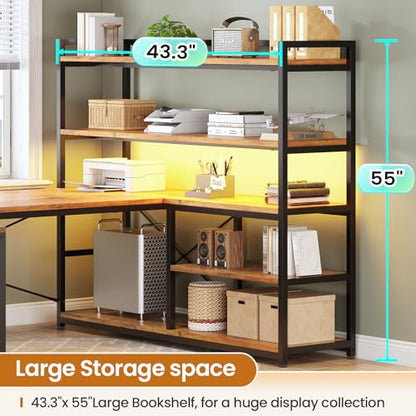 L Shaped Desk with Storage Shelves, 63” Reversible U Shaped Office Desk, Gaming Desk with Power Outlet and LED Lights for Home Office, Rustic Brown