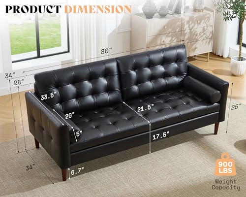 Leather Sofa, Mid Century Modern Genuine Leather Sofa, 3 Seater Comfy Couch for Living Room Home Office, Black Leather Couch