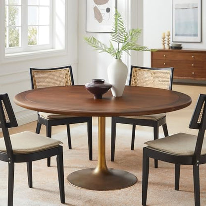 Lippa 60Inch Round Dining Table Pedestal Base Solid Wood Walnut Finish Modern Kitchen Room Entertaining Home Furniture Quality Stylish Elegant Durable Refined